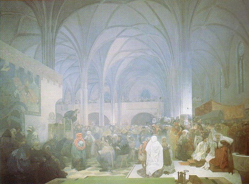 Картина «Проповедь Яна Гуса в Вифлеемской часовне» из цикла «Славянская эпопея», Альфонс Муха, 1916 г.
